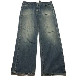 DKNY Jeans Mens 38x32 Blue Baggy Wide Leg Libra Fit Distressed Denim Y2K Style
